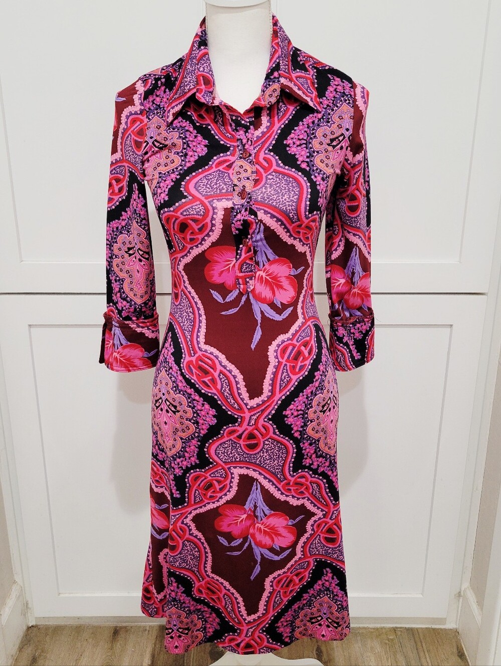 VTG Rare Betsey Johnson Pink & Burgundy Paisley Floral Long Sleeve Dress | Small
